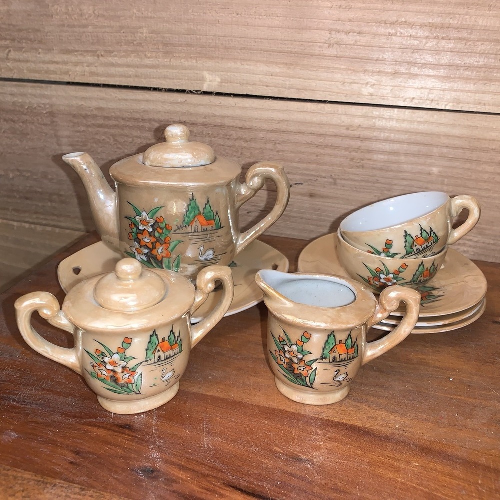 VTG Miniature Child Tea Set Pearlescent Lusterware Japan Flowers Swan House 11pc
